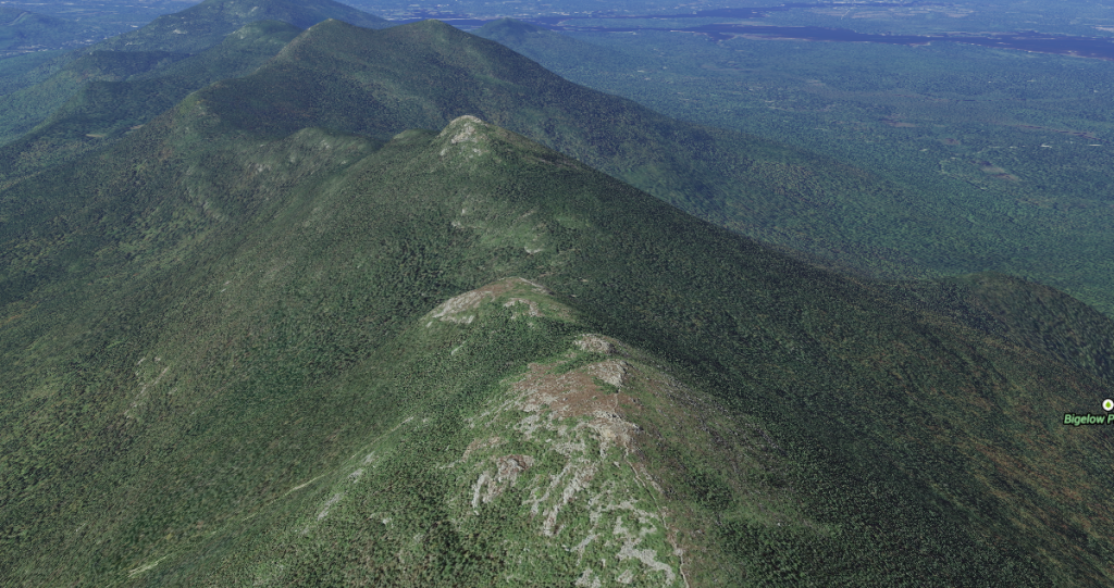 The ridgeline of Bigelow Mountain, with Avery Peak nearest, West Bigelow Peak highest, and the Horns at the very farthest end. (The trail goes over the horn on the left.) Via Google Maps