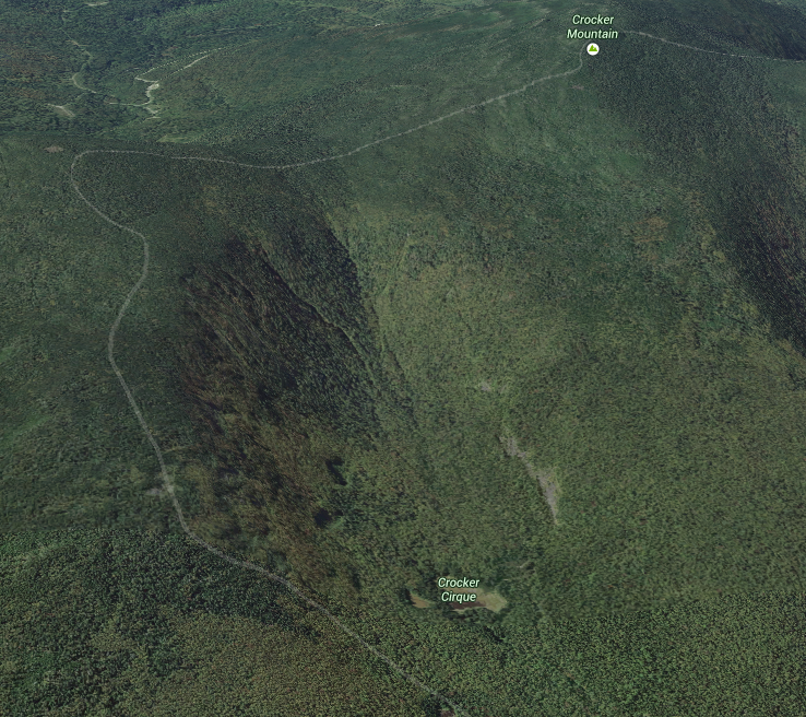 The section of trail crossing the Crockers, with the Crocker Cirque (pond). Via Google Maps